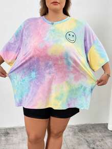 SHEIN CURVE+ Women's Tie Dye Printed Round Neck Short Sleeved T-Shirt In Plus Size For Summer - Multicolor - View 5