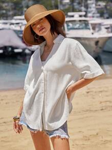 SHEIN VCAY 度假休闲纯色短袖衬衫 - 白色 - 查看 5