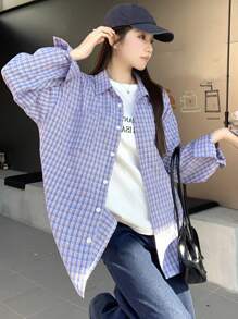 DAZY 女士格子休闲长袖纽扣前开襟简约衬衫夏季、秋季服装、法兰绒女装 - 藍色 - 查看 5