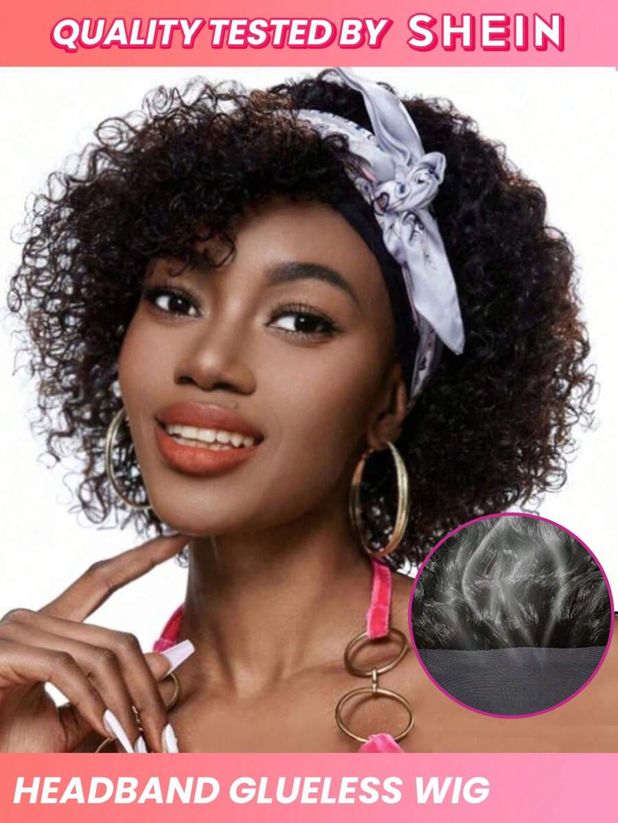 Kinky Curly Headband Wig Short Human Hair Wig With Head Band Affordable Hair Replacement Headband Wig Ready Wear To Go Daily Use Natural Black Color