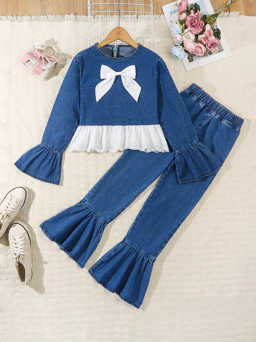 SHEIN 2pcs/Set Cute Girl Ruffle-Trim Fitted Bow-Knot Lace Patchwork Pleated Washed Denim Suit, Suitable For Daily Outings