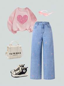 SHEIN Tween Girls Sweet & Cute Collegiate Style Pink Bow Embroidered Loose Comfortable Casual Wide Leg Jeans