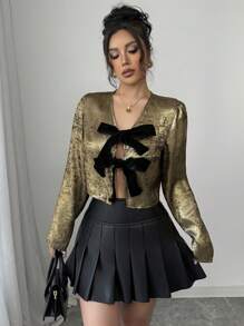 SHEIN PETITE 女士蝴蝶结领拼色衬衫