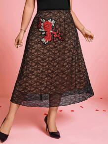 SHEIN Clasi Saia Feminina Elegante com Remendos de Renda Floral, Dia dos Namorados - Preto - Visão 5