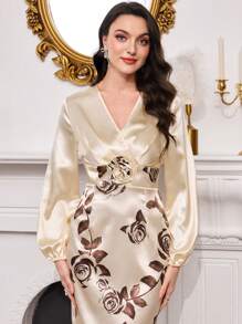 Modelyn 女式紧身性感长袖花卉拼布紧身连衣裙 - 杏色 - 查看 1