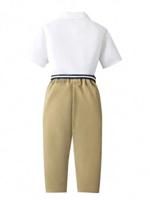 SHEIN 2 Pieces Set Teen Boy Gentleman Outfit - White Short Sleeve Shirt + Beige Long Pants, Business Elegant School Academy Stylish Suit Casual Daily Party Wear - Multicolor - View 2