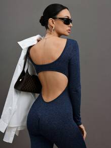 Activina 1pc Women's Solid Color Long Sleeve Simple Casual Shiny Seamless Jumpsuit Sports Outfit - Blue - View 7