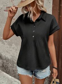 EMERY ROSE Women's Casual Knit Jacquard Half Button-Up T-Shirt - Black - View 6