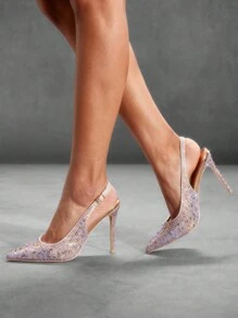 CUCCOO SZL Champagne Color Rhinestones Pointed Toe Stiletto High Heel Slingback Dress Shoes For Women, Suitable For Dating, Party, Festival, Vacation, Wedding Valentine's Day Spring Shoes Prom Heels For Christmas Spring Shoes - Champagne - View 9