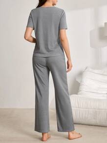 Lazeform Conjunto informal de top de manga corta con bloques de color en escote en V y pantalones para mujer, atuendo de estar en casa