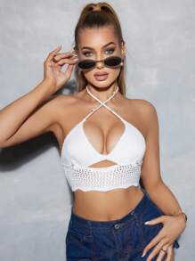 Swim EVENT Summer Women's Crochet Faux Pearl Decor Halter Beach Cover Up, Suitable For Dates, Parties, Music Festivals Valentine's Day
