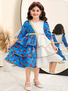 SHEIN Leap Crew Robe de jeune fille DRMZ tressée à motif floral Ditsy, patchwork de couleur unie, avec ornement de toile d'or, encolure ronde ajustée et manches courtes. Convient pour le port quotidien des filles, les festivals, les rassemblements familiaux et les occasions spéciales