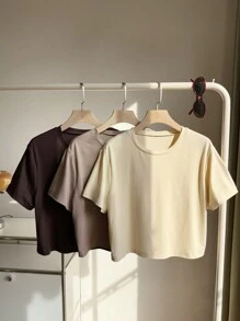 Comfortcana 3pcs/Pack Plus Size Basic Crew Neck Short Sleeve Colorful T-Shirts Top For Spring - Multicolor - View 3