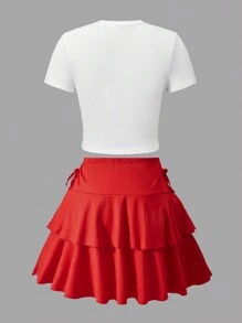 SHEIN 少女可爱猫咪印花 T 恤和红色分层蛋糕裙 2 件套服装，适合春夏季休闲日常和约会 - 紅色 - 查看 2