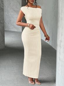 Slaydiva 夏季新款优雅派对日常约会斜肩单肩露肩前褶修身长裙波浪纹理针织面料白色女装连衣裙 - 杏色 - 查看 6