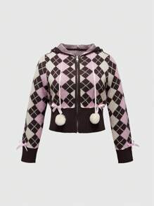 ROMWE Kawaii Y2K Himekaji Millennium Casual School Style Low-Waist Diamond Pattern Cardigan Sweater For Plus Size Women - Brown - View 1