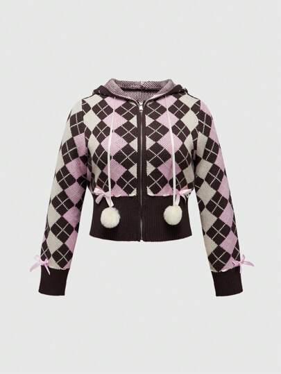 Kawaii Suéter tipo cárdigan de estilo casual escolar y de cintura baja con patrón de diamantes en estilo Himekaji Y2K para mujeres de talla grande