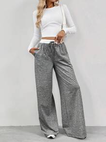 SHEIN Tall Women's Contrast Color Waist Wide Leg Pants - Dark Grey - View 5