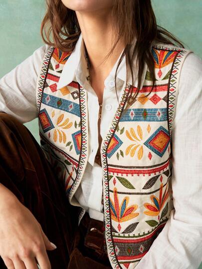 Bohemela BOHO 女式无袖简约刺绣图案背心，休闲度假装西部风情女装秋冬嬉皮波西米亚风