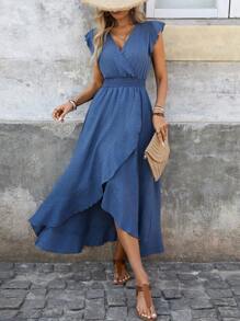 SHEIN Clasi Women's Wrap Style Mini Cap Sleeve Ruffle Trim Dress - Blue - View 6