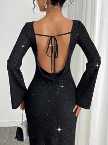 INAWLY Women's Round Neck Long Sleeve Split Hem Slim Fit Backless Dress Fall Cloth For Women - Black - View 2