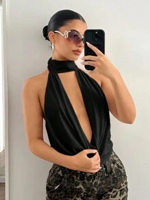 SHEIN ICON 纯色性感挂脖式垂坠露背背心 - 黑色 - 查看 3