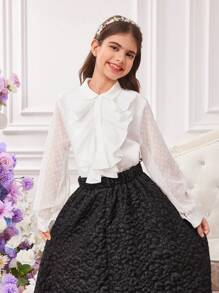SHEIN Tween Girls 优雅款网眼灯笼袖长袖衬衫/衬衫 - 白色 - 查看 1