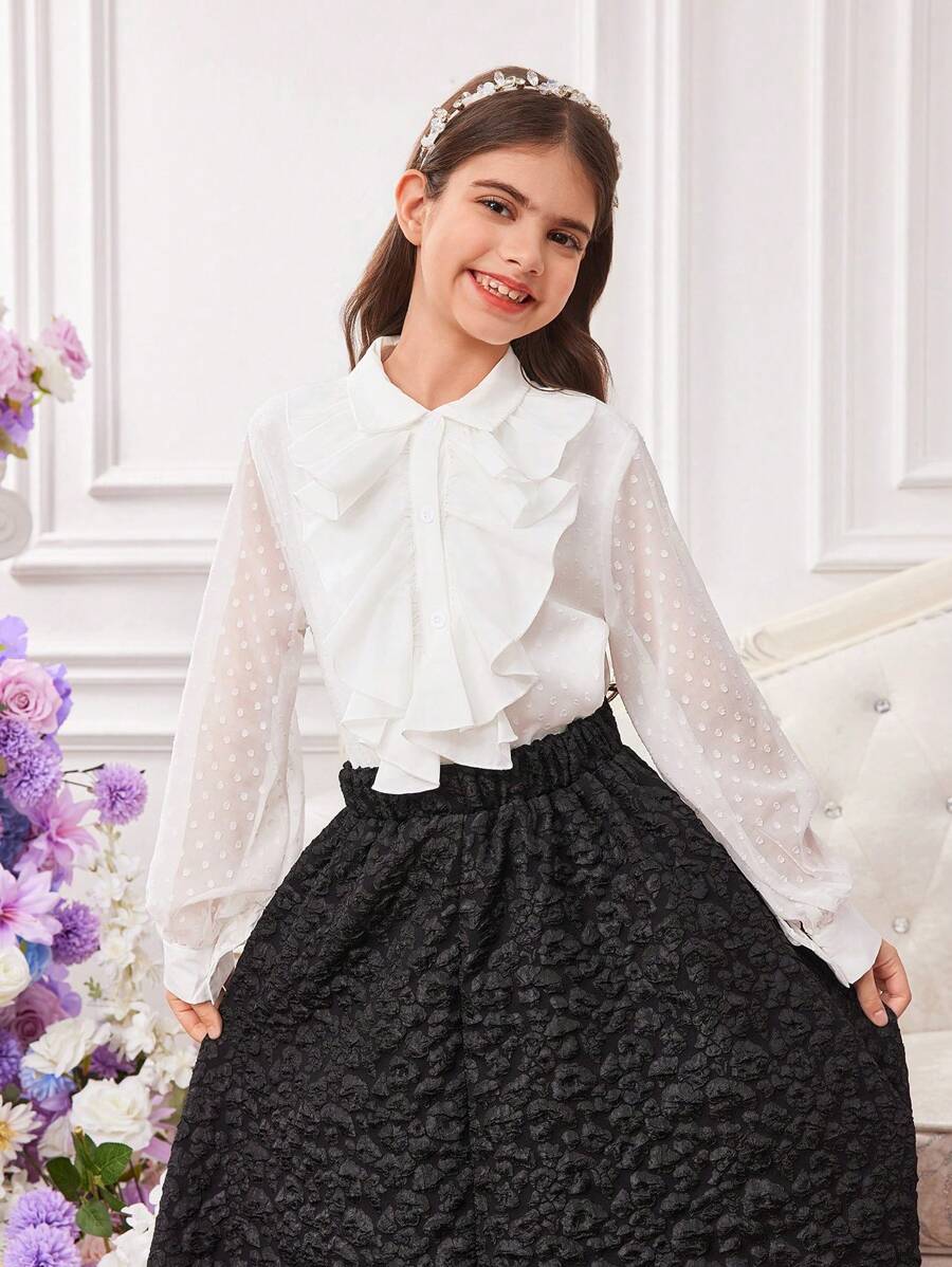 SHEIN Tween Girls 优雅款网眼灯笼袖长袖衬衫/衬衫 - 白色 - 查看 1