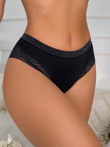 1 pièce Culotte tanga sans couture en dentelle de luxe pour femmes - Noir - Voir 3