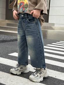 SHEIN Kleine Jungen Vintage Washed Katzenbart Loose Fit Weite Blaue Verkürzte Jeans, für Kinder Streetwear - Dunkle Waschung - Übersicht 5