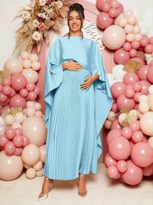 SHEIN Loomaby Đầm dài tay xếp ly màu trơn thanh lịch cho bà bầu - Màu xanh nhạt - Xem 3