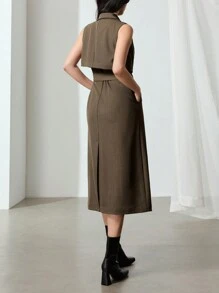 EastFlair 女式翻领无袖单排扣休闲连衣裙 - 咖啡棕 - 查看 2