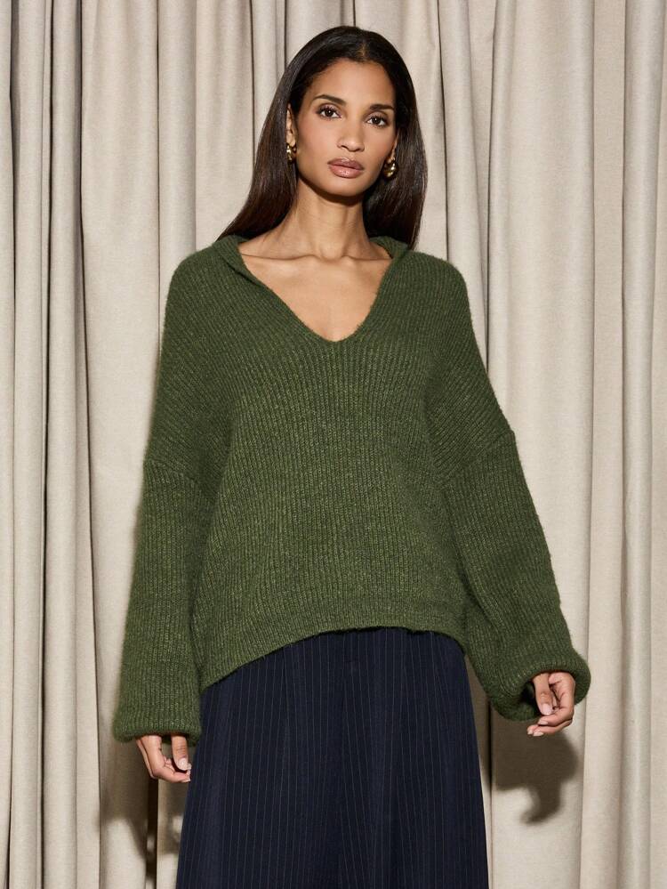 Chunky Knit V-Neck Oversized Sweater With Balloon Sleeves