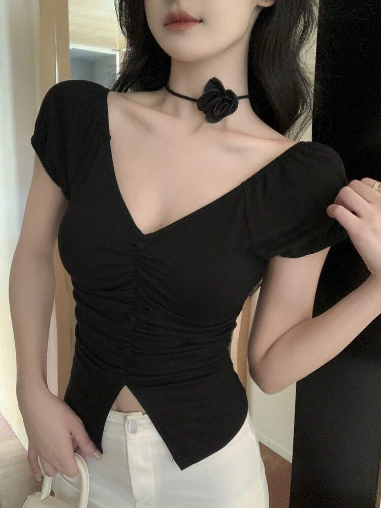 Women's Floral Tie Front Fitted Crop Top Babydoll Top