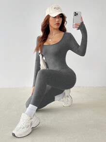 SHEIN PETITE Solid Scoop Neck Unitard Spring Women Jumpsuit - Dark Grey - View 3