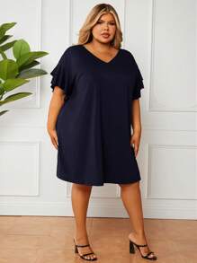 SHEIN CURVE+ Plus-Size Navy Double-Layer T-Shirt Dress With Ruffled Sleeves: Casual And Comfortable