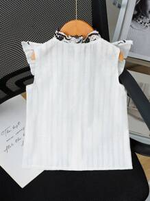 SHEIN 年轻女孩奶油色纹理编织面料立领、荷叶边、正面刺绣、双层荷叶边下摆无袖优雅衬衫，适合外出和搭配喇叭牛仔裤、裙子（母女装，单独出售） - 白色 - 查看 2