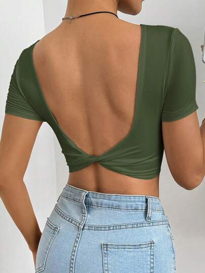 SHEIN EZwear Women Backless Twist Solid Color Slim Cropped Tee