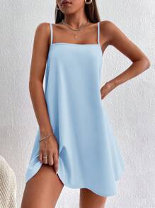 SHEIN PETITE Vestido informal suelto de un solo color para mujer - Celeste - Ver 5