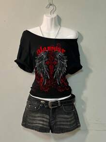 Attitoon 休闲简约翼与配英文文字落肩女式T恤，适合夏季