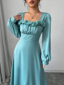 Modelyn Solid Color Square Neckline Ruffled Decor Cinching Waist Dress Maxi Women Outfit Long Evening Dresses - Green - View 4