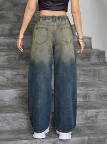 少女新款 Y2K 风格休闲百搭时尚复古宽松男友风牛仔裤，适合日常时尚穿着 - 深色水洗藍 - 查看 2