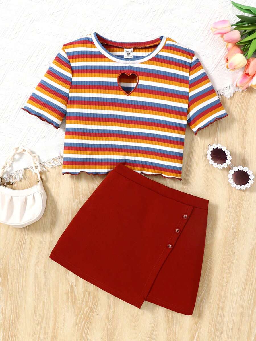 Tween Girls Casual Striped Crew Neck Short Sleeve Top With Mini Skirt 2 Pieces Set