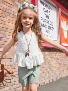 SHEIN Young Girls 2025 Spring/Summer New Arrival, Solid Color Ruffle Hem Sleeveless Top And Light Green Shorts 2 Pieces Set, Suitable For Everyday Wear, Outings And Social Events