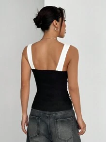 SHEIN EZwear Women's Contrast Color Single-Breasted Casual Loose Strap Tank Top - Black and White - View 2