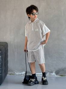 SHEIN Leap Crew Tween Boy Casual Half-Zip Vest & Shorts Set - Black - View 6