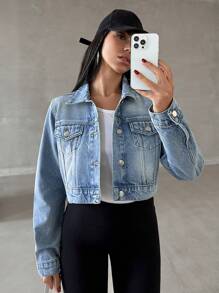 EURMUSE CROP LGHT WASH DENIM JACKET SIMPLE FASHIONABLE DAILY CASUAL