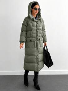 EURMUSE Long Padded Coat Keeping Warm With Big Two Pockets - Dark Green - View 5