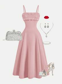 SHEIN فستان أنيق ملائم للبنات المراهقات، بتصميم موجز عصري مزين باللؤلؤ، مع تكسير الخصر على شكل حرف A باللون الوردي، مناسب للحفلات