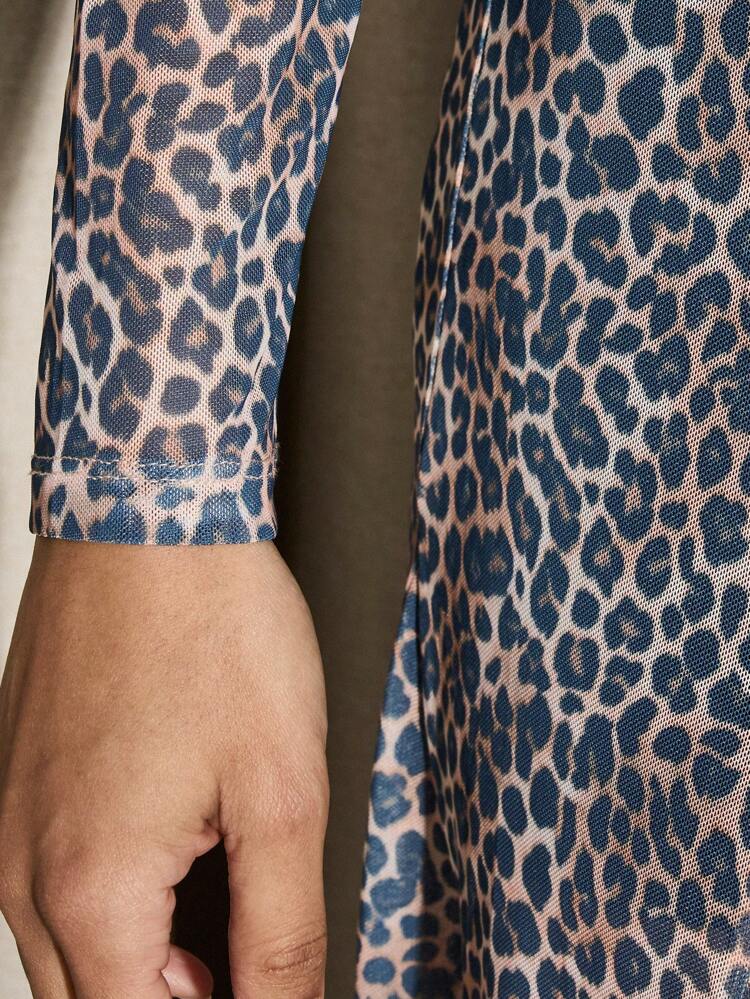 Leopard Print Mesh Long Sleeve Sheer Two-Piece Outfit